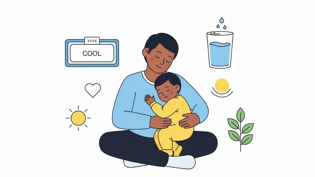 Người mẹ đang an ủi và cho bé bú sau khi tiêm phòng để bé cảm thấy thoải mái