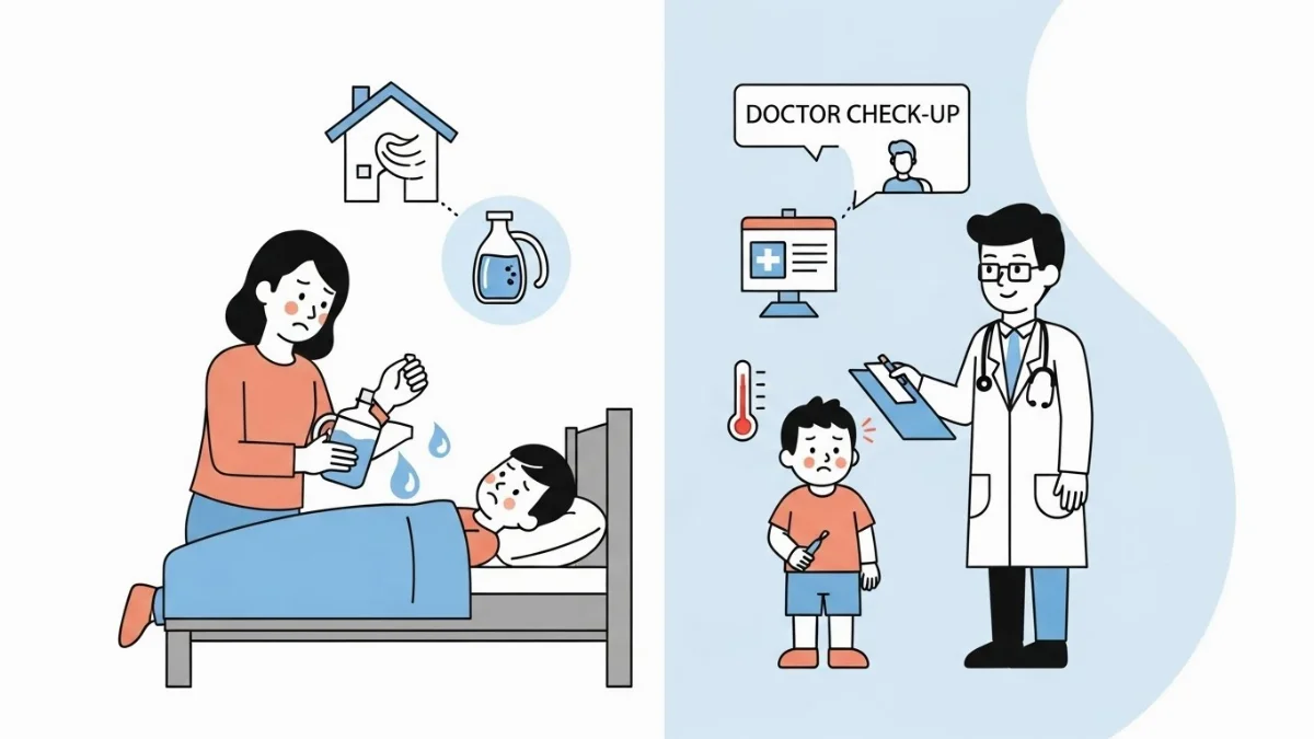 Bác sĩ đang thăm khám và lắng nghe tim phổi cho một trẻ bị sốt nhỏ